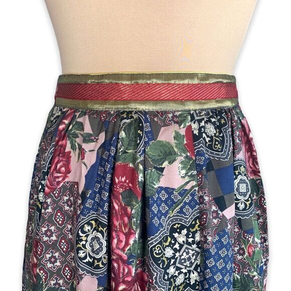 Vintage 80s Midi Skirt Patchwork Navy Blue Burgundy Floral OOAK Custom Metallic - Picture 2 of 11